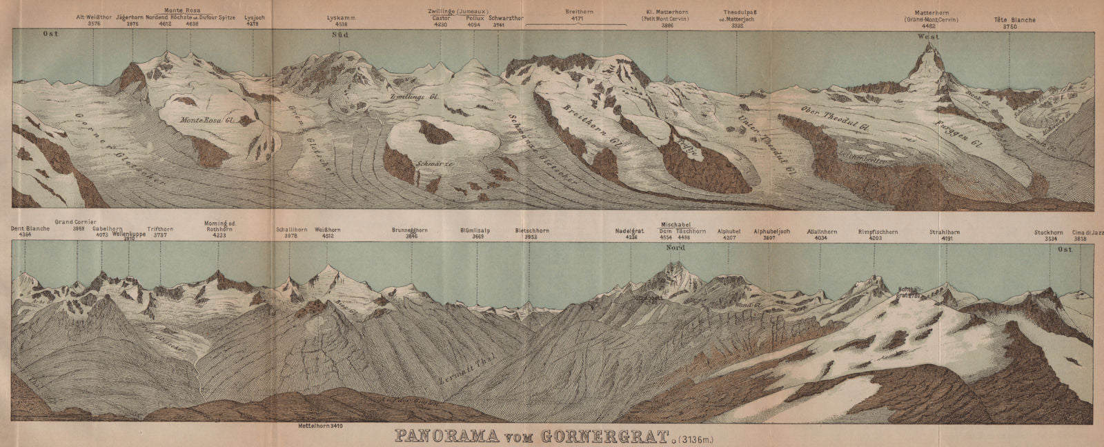 GORNERGRAT PANORAMA. Zermatt Monte Rosa Breithorn Matterhorn Mischabel 1901 map